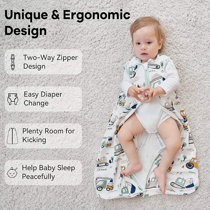 Unnivoll Baby Sleep Sack 12-18 Months 0.5 Tog Wearable Blanket Baby, 3 Pack 100% Cotton Lightweight Sleeping Sack with 2-Way Zipper for Infant Toddler Excavator