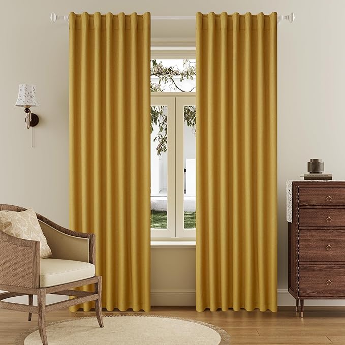 DUALIFE 90 Inch Blackout Yellow Curtains Boho, Thermal Insulated Curtains for Summer Heat for Bedroom Living Room Linen Pleated Drapes 90 Inches Long Rod Pocket(50W x 90L x 2 Panels)