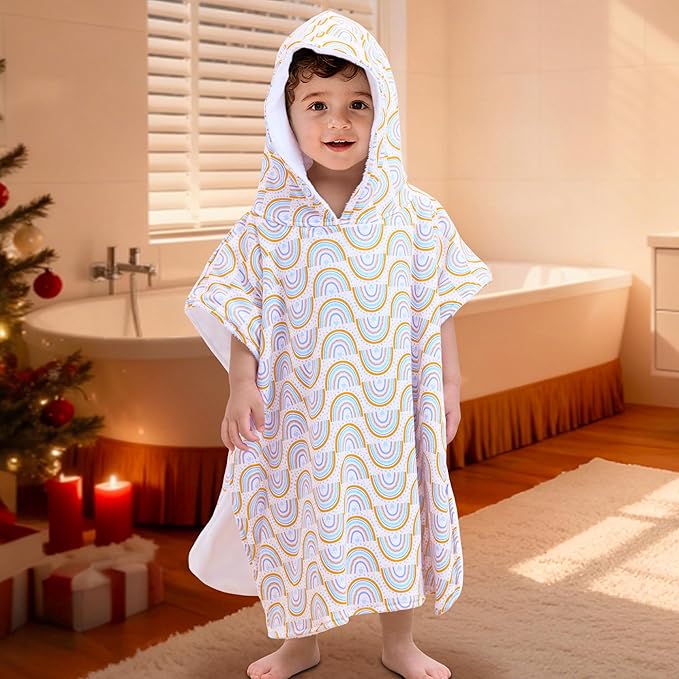 VOOVA & MOVAS Double-Layered Toddler Poncho Towel with Hood (2-4 Years, 20x21 Inches) | Ultra Soft & Absorbent Cotton | Thick Baby Bath Towel for Swimming, Beach, Shower & Winter,Rainbow