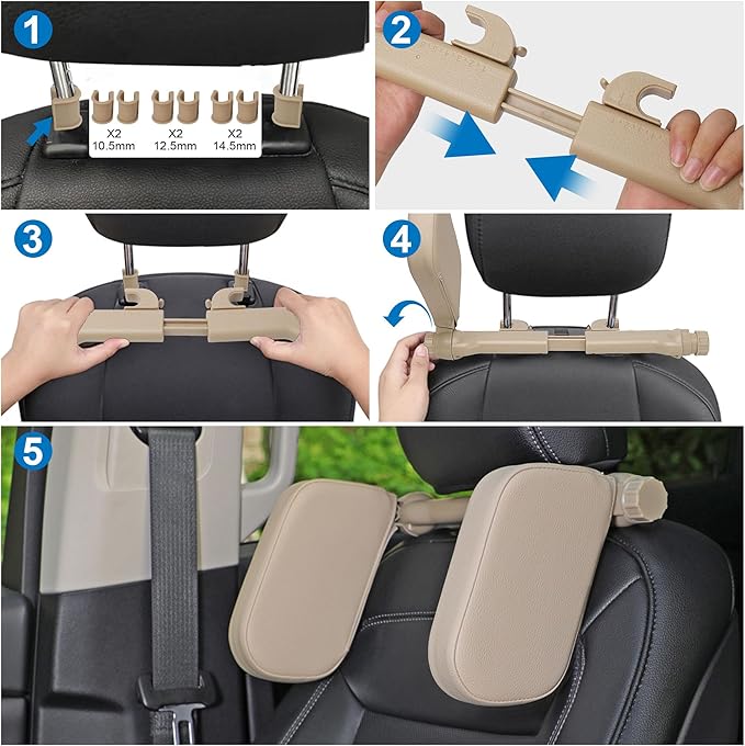 Car Headrest Pillow, Adjustable Head Rest Pillow for Car Seat, Head Neck Support for Kids Adults Travel Sleeping, Fit for Headrest with Poles (Beige)