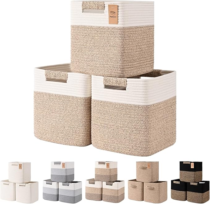 11 Inch Storage Cubes, 3 Pack Cube Storage Bins for Organizing, Cotton Rope Woven Baskets for Shelves, Bathroom, Kids Room, Closets, Baby Nursery