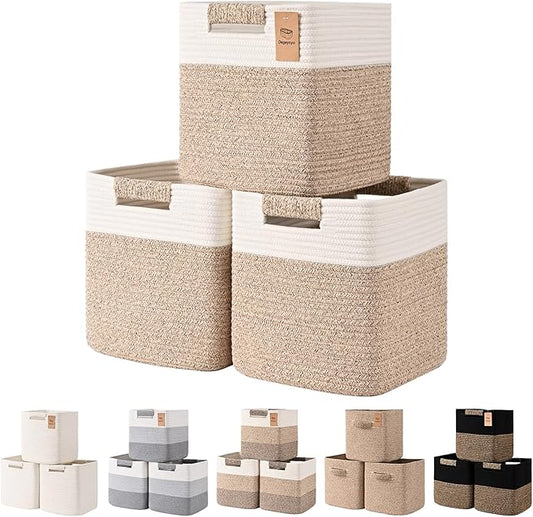 11 Inch Storage Cubes, 3 Pack Cube Storage Bins for Organizing, Cotton Rope Woven Baskets for Shelves, Bathroom, Kids Room, Closets, Baby Nursery
