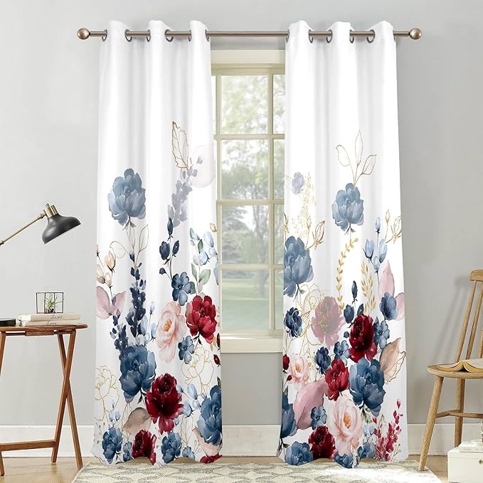 Renaiss Floral Blackout Curtains Watercolor Gray Blue and Red Peony Flower Bloossom Thermal Insulated Window Drapes for Bedroom 42W x 84L inches 2 Panel Set Window Curtains for Living Room