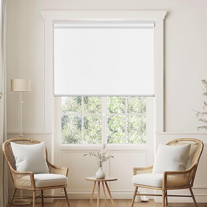 ChrisDowa Cordless 100% Blackout Roller Shade, with Striped Jacquard, Thermal Insulated, UV Protection Fabric, Total Blackout Blinds for Window, French Doors, Home and Office. White, 50" W x 72" H