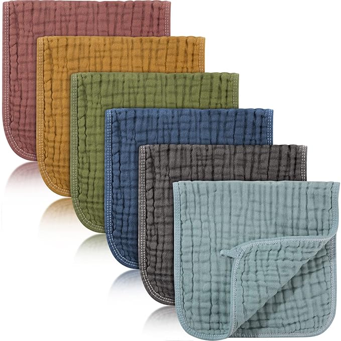 Hicarer 6 Count Muslin Burp Cloths Cotton Baby Burping Rags Large 20 x 10 Inch 6 Layers Spit up Rags Soft Absorbent Multicolor Wash Cloths Diapers for Newborn Baby Girl Boy(Elegant Colors Series)