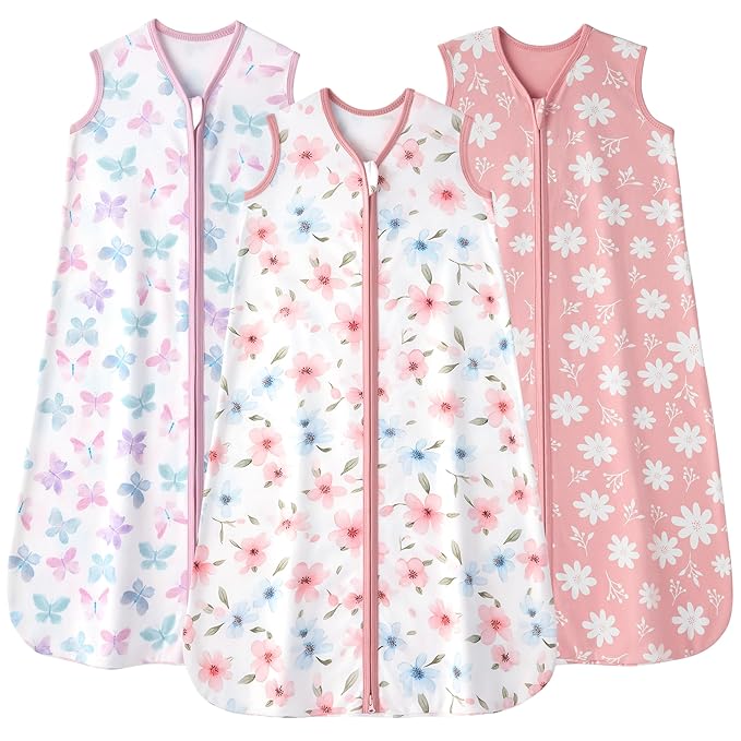 FIEMOL Baby Sleep Sack 6-12 months, 100% Cotton Sleeping Sack for Newborn and Infant, 3 Pack Baby Wearable Blanket, 0.5 Tog Lightweight Double Zipper Sleep Bag Medium Pink Butterfly Flower