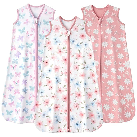 FIEMOL Baby Sleep Sack 18-24 months, 100% Cotton Sleeping Sack for Toddler, 3 Pack Baby Wearable Blanket, 0.5 Tog Lightweight Double Zipper Sleep Bag XLarge Pink Butterfly Flower