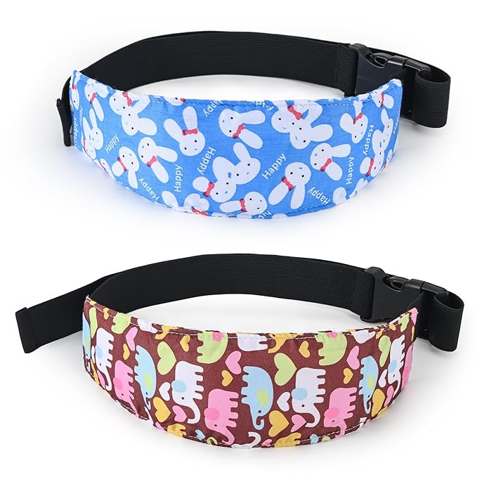 Forest Animal Baby Head Support Strap, 2-Pack Cotton Car Seat Neck Band with Elephant & Bunny Design, Coffee & Blue, 8.4x4x1.1 Inch, Machine Washable