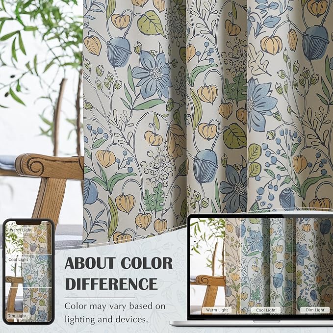 jinchan Nursery Curtains 95% Blackout Blue Floral Curtains for Kids Room, 84 Inch Length Farmhouse Drapes for Bedroom Living Room Darkening Window Treatment Grommet Top Set of 2 Panels