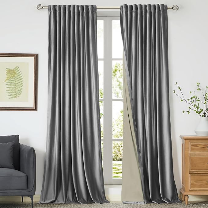 PRIMROSE Blackout Grey Velvet Curtains Drapes 102 inch Long for Living Room,2 Panels Liner Rod Pocket Back Tab Thermal Window Curtain Room Darkening Heavy Decorative Curtains for Bedroom