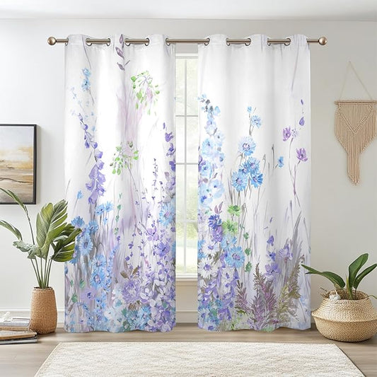 Renaiss Purples Blue Floral Print Blackout Curtains, Pastel Wild Flowers Thermal Insulated Bedroom Window Curtains, Spring Floral Art Window Curtains for Kitchen, 55" L x 29" W 2 Panel Set