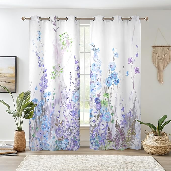 Renaiss Purples Blue Floral Print Blackout Curtains, Pastel Wild Flowers Thermal Insulated Bedroom Window Curtains, Spring Floral Art Window Drapes for Living Room, 84" L x 53" W 2 Panel Set