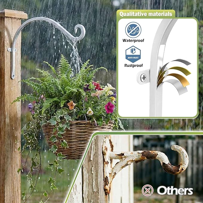 Hanging Plant Brackets Outdoor: 50lbs Weight Capacity - Hanging Plant Hangers Wall Hooks 2 Packs, 12-Inch Wall Mount Brackets for Bird Feeder, Flower Baskets, White