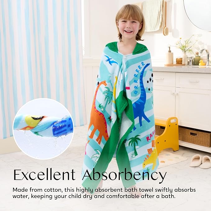 Joiedomi Hooded Towels for Kids Dinosaur Print Soft 100% Cotton Kids Beach Towel 30" x 50" for 3-10 Years Boys Girls Beach Hooded Poncho Absorbent Pool Toddler Swim Bath Wrap