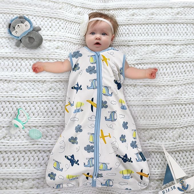 TILLYOU 2 Pack Infant Sleep Sack 0-6 Months 100% Cotton Wearable Blanket 0.5 TOG Sleeveless Summer Sleep Sacks with 2-Way Zipper, Sky Adventure & Sky Blue