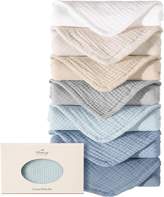 Konssy Muslin Baby Burp Cloths Sets for Unisex- 7 Pack Soft 100% Cotton Burping Clothes for Newborn，Baby Girls and Boys