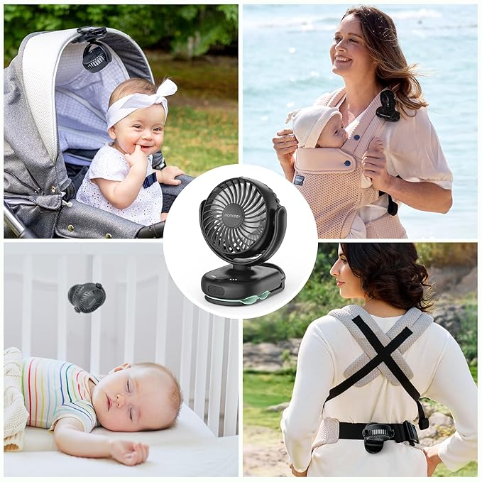 Momcozy Portable Stroller Fan with Clip | 4-Speed Mini-Fan for Carrier | Personal Fans Ultra Light 0.26lb | Gaps ≤4.5mm | Handheld Cooling | Rechargeable Rotate for Diaper Backpack/Table/Chair