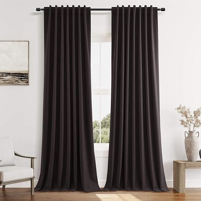 Guken 100% Blackout Curtains 96 Inch Length 2 Panels Set for Living Room Bedroom Back Tab Thermal Insulated Black Out Linen Drapes Room Darkening Cocoa Coffee,52x96
