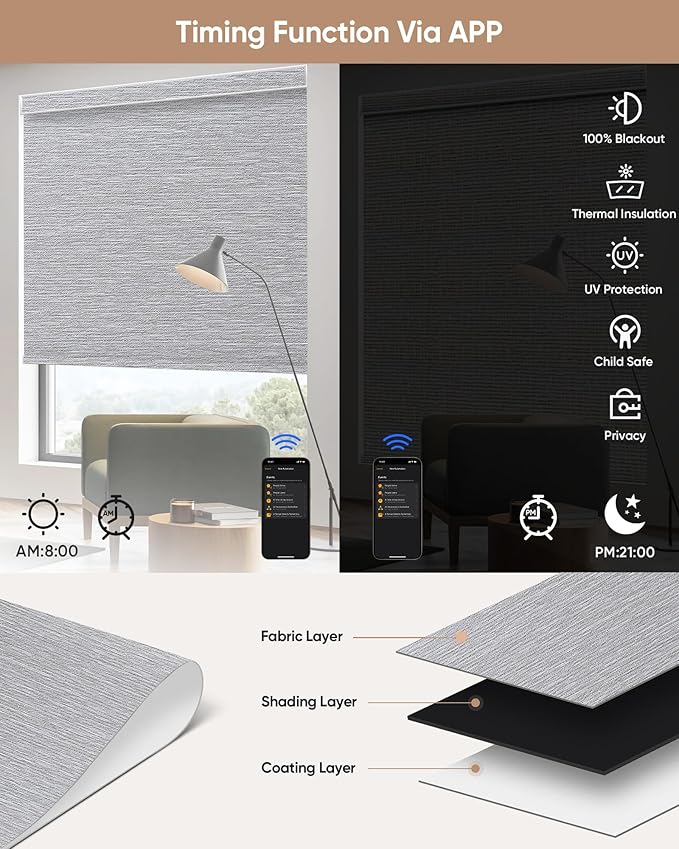 Kincmo Motorized Blinds with Remote,100% Blackout Motorized Roller Shades Work with Apple Homekit,Alexa,Google, Custom Electric Blinds with App,Voice Control (Atlantic Grey)