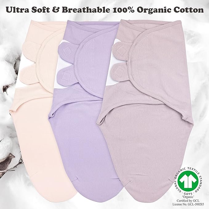 Bublo Baby Swaddles for Newborns – 3-Pack Infant Swaddles 0-3 Months – Adjustable Swaddle Sleep Sack – Soft 100% Cotton Baby Wrap for Safe & Cozy Sleep (Baby Pink-Lavender)