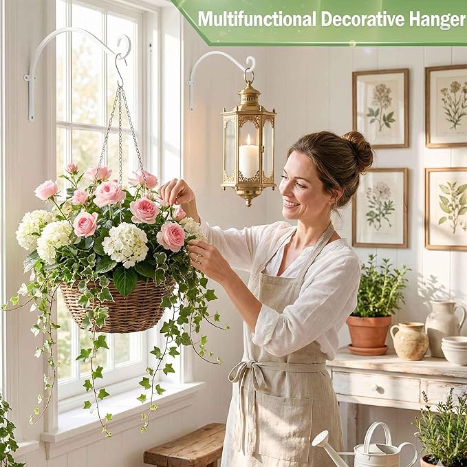 Hanging Plant Brackets Outdoor: 50lbs Weight Capacity - Hanging Plant Hangers Wall Hooks 2 Packs, 12-Inch Wall Mount Brackets for Bird Feeder, Flower Baskets, White