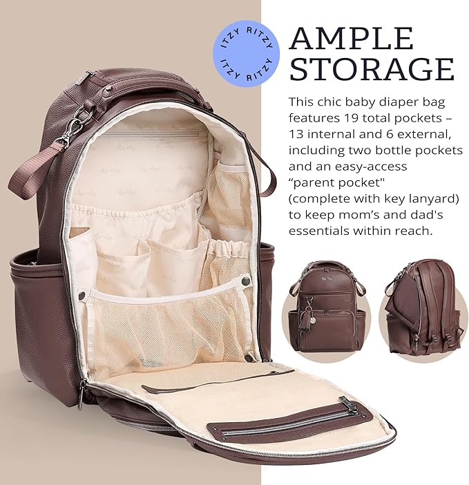 Itzy Ritzy Diaper Bag Backpack – Large Capacity Boss Plus Baby Backpack Diaper Bag Featuring 19 Pockets, Changing Pad, Stroller Clips, and Comfortable Straps (Espresso)
