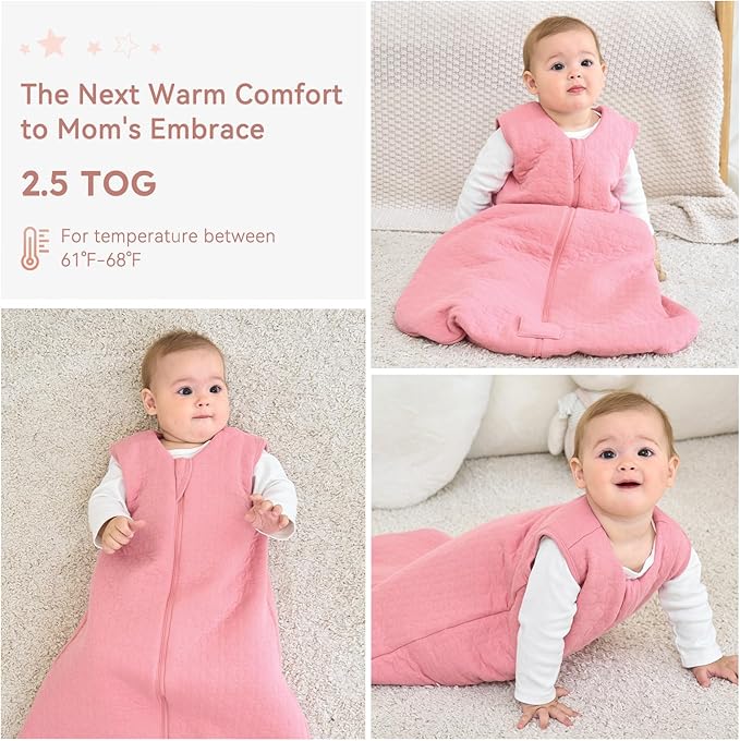 Unnivoll Baby Sleep Sack 6-12 Months TOG 2.5 Winter Baby Wearable Blanket, 100% Cotton Fabric Newborn Infant Sleeping Sack 2-Way Zipper Quilted Baby Sleep Bag, Warm Soft Bean Paste