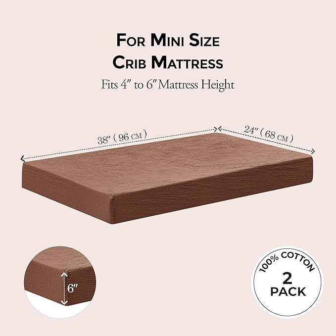 Dreamology Pack n Play Sheets,Mini Muslin Crib Sheet,2 Pack,100% Cotton Crib Sheets,Soft,Breathable,Baby Crib Sheets,Girls,Boys,Pack and Play Sheets Fitted,24x38 Mini Crib Sheet | Caramel,Ecru