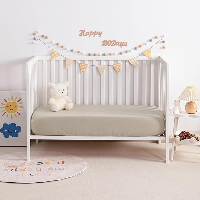 NTBAY 2 Pack Muslin Cotton Mini Crib Sheets, Soft and Breathable Double Layer 24x38 Baby Crib Sheets for Mini Crib and Toddler Mattresses, Boys, Girls, Unisex, Khaki, 24x38 Inches