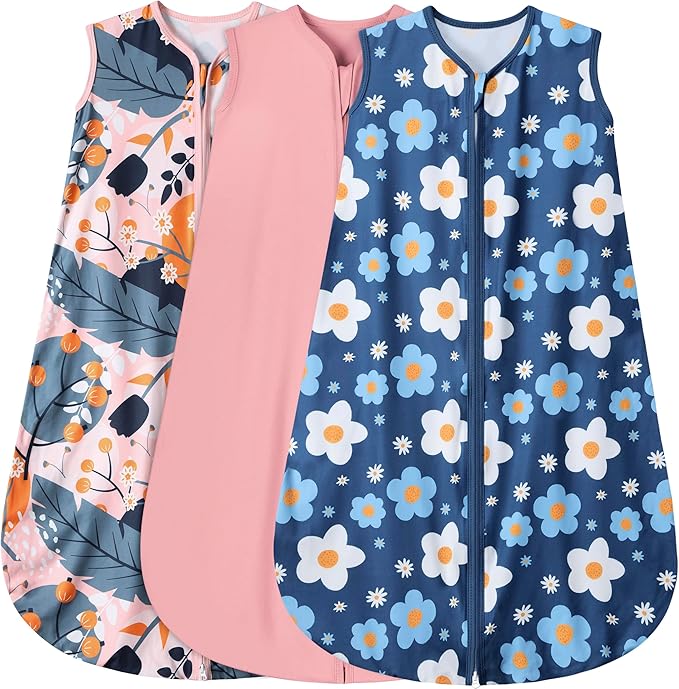 BSTOPPT 3 Pack Baby Sleep Sack 100% Rayon Cotton Baby Sleeping Bag 2-Way Zipper Toddler Wearable Blankets TOG 0.3. (Gerbera&Tulips&Pink, 0-6 Months)