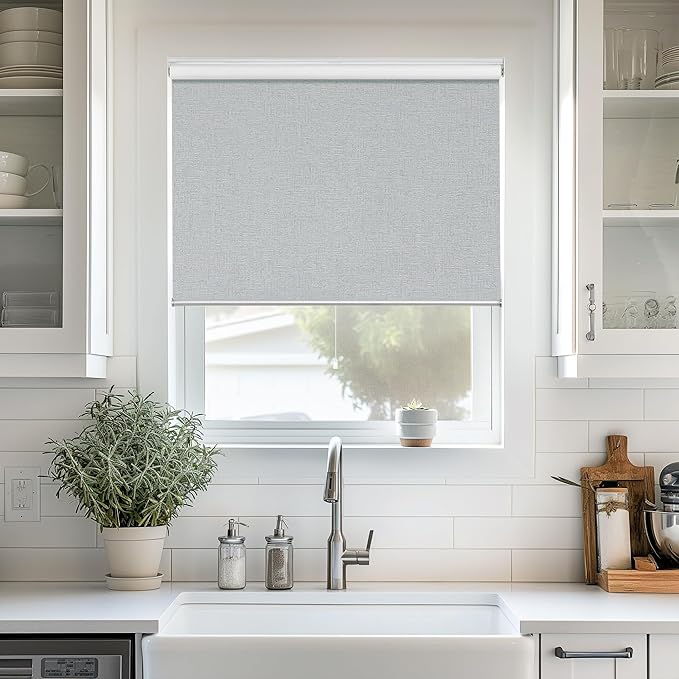 ChrisDowa Cordless 100% Blackout Roller Shade, with Striped Jacquard, Thermal Insulated, UV Protection Fabric, Total Blackout Blinds for Window, French Doors, Home and Office. Light Grey, 34"W x 72"H