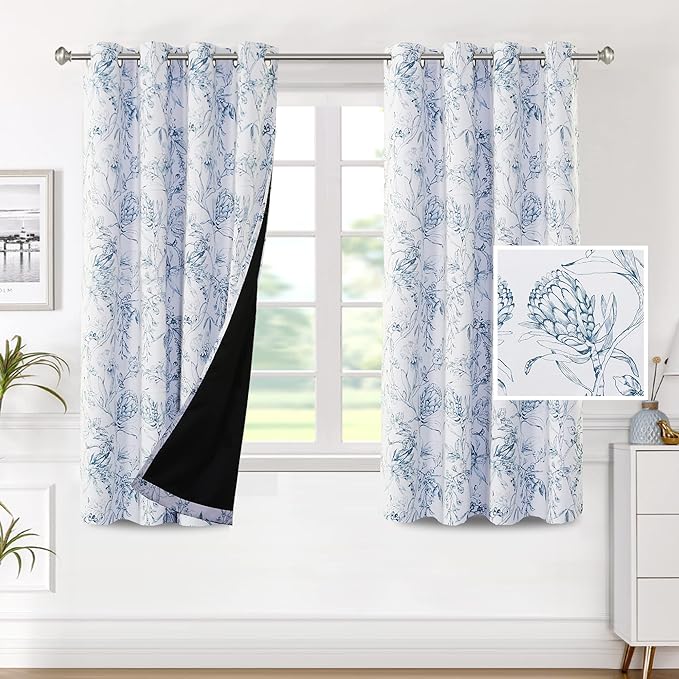 H.VERSAILTEX 100% Blackout Curtains for Bedroom Camellia Floral Blackout Curtains 63 Inches Long Light Blocking Window Treatment Curtains with Black Liner Grommet Thermal Drapes, 2 Panels, Stone Blue