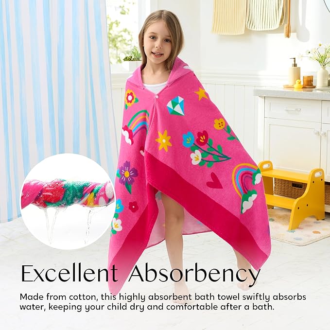 Joiedomi Hooded Towels for Kids Pink Unicorn Soft 100% Cotton Kids Beach Towel 30" x 50" for 3-10 Years Boys Girls Beach Hooded Poncho Absorbent Pool Toddler Swim Bath Wrap