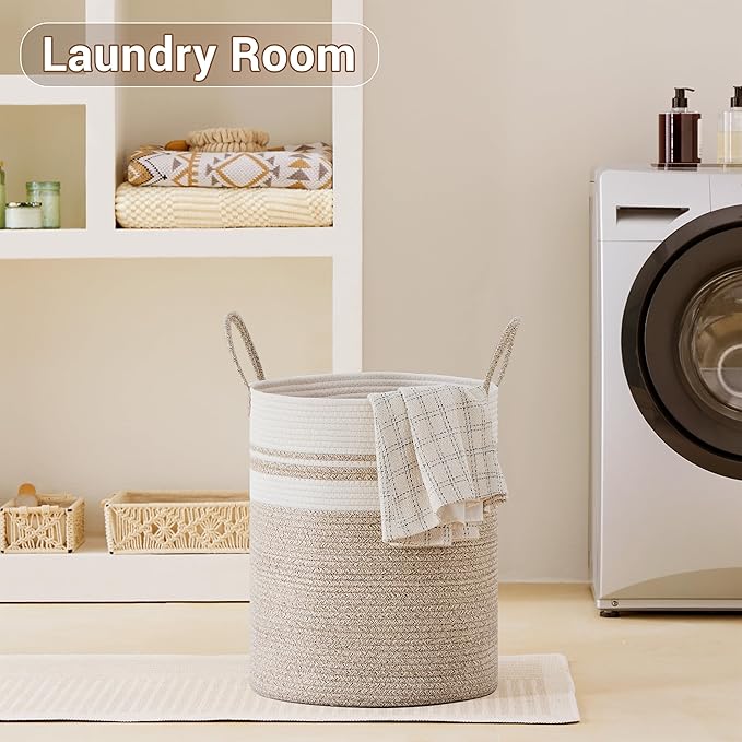 Tall Laundry Basket with Handles, 53L Portable Dirty Clothes Hamper, Boho Cotton Rope Storage Bin for Blankets Kids Toys Gifts, Decorative Organizer for Nursery Bedroom Bathroom, New Brown