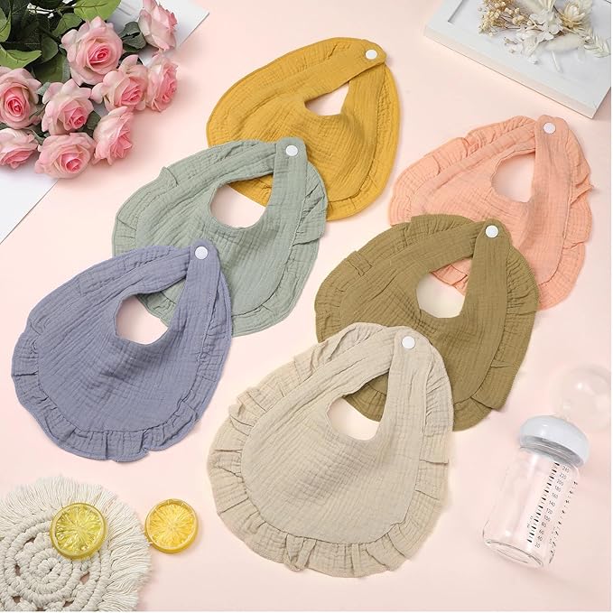 Seematn 10 Pcs Baby Muslin Bibs for Unisex Girls & Boys Drool Bibs Bandana Ruffle Soft Cotton for Newborn Infants Toddlers(Gentle Colors)