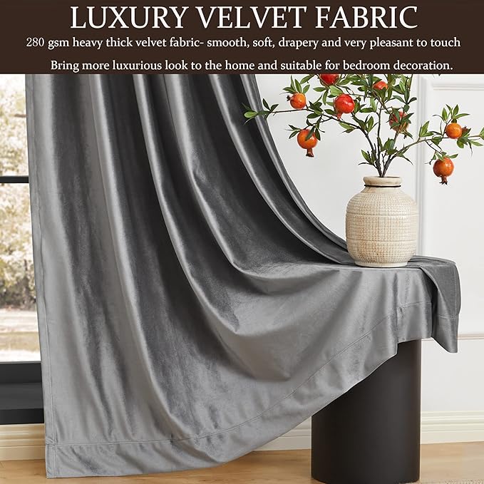 PRIMROSE 100% Blackout Grey Velvet Curtains Drapes 72 inch Long for Living Room,Set of 2 Panels Liner Rod Pocket Back Tab Thermal Window Curtains Room Darkening Heavy Decorative Curtains for Bedroom