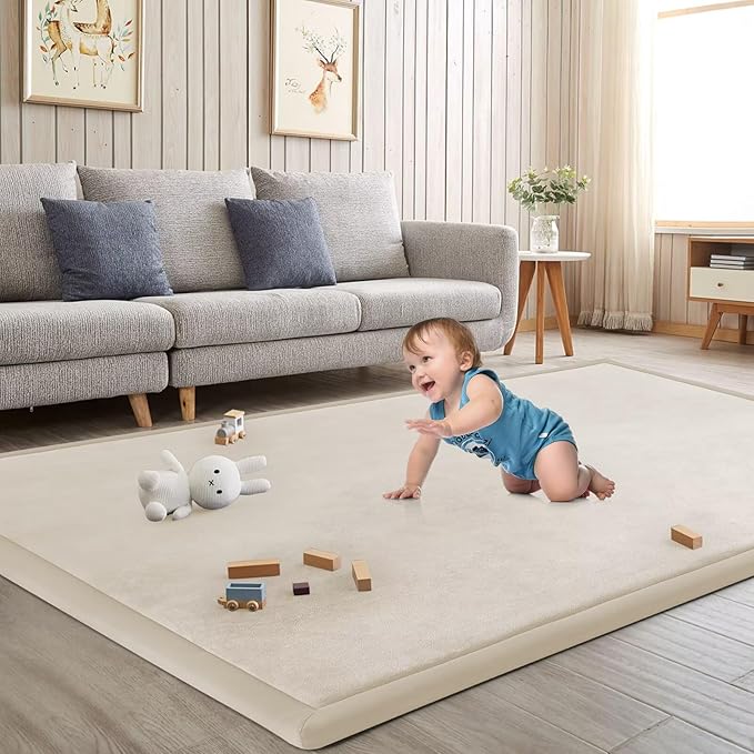 Baby Play Mat for Floor Tummy Time Mat Nursery Rug Muscle Mat Area Rug Playroom Rug Tatami Mat 79x110" Memory Foam 1.3" Thick Crawling Mat for Babies,Toddlers, Infants, Kids,Floor Mat(Beige)