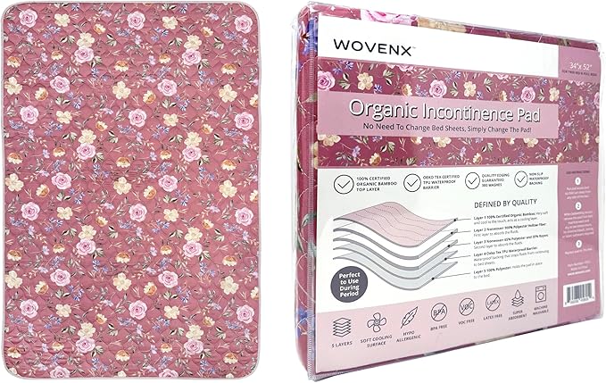 wovenx Organic Incontinence Pad for Period - Waterproof Protectors - Reusable Washable Pee Pad - Fits Twin to Full Size Beds - 100% Organic Viscose Derived from Bamboo - 34" x 52" Dark Flower