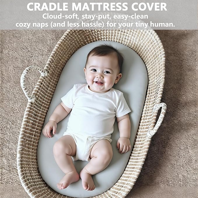 Vegan Leather Bassinet Sheets for Baby, Waterproof Wipeable, Extra Thick & PortableFit for Hourglass Oval Rectangular Cradle Pad Sheets, Standard Cradle Safe Sheets for Baby Boys Girls 32"x16"(Gray)