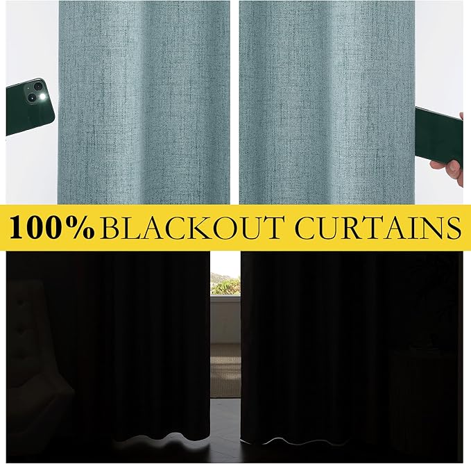 NICETOWN Skylark Blue Bedroom Full Blackout Linen Curtain, Thick Linen Blend Thermal Insulated Classic Back Tab Blackout Draperies with White Liner for Nursery (Set of 2, 52 by 72-inch)