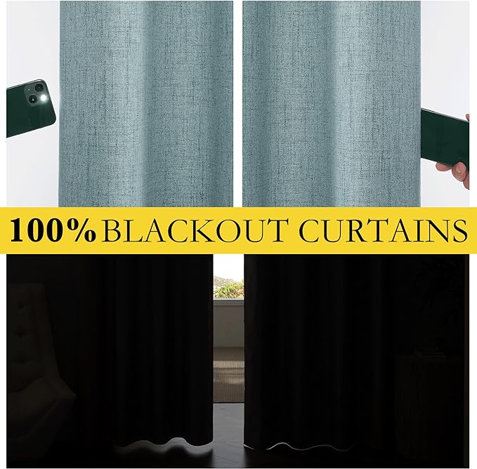 NICETOWN 2 Panels Skylark Blue Linen 100% Blackout Curtains, 52 x 80 Inch, Rod Pocket Style, Thermal Insulated & Noise Reducing Drapes for Living Room, Bedroom, Nursery, Modern & Simple Design