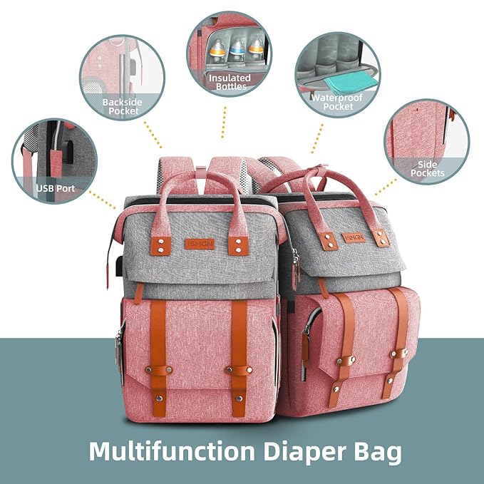 Diaper Bag Backpack with Changing Station, Large Diaper Bag, Baby Bag with Changing Station, Pink Diaper Bag, Pinkgray