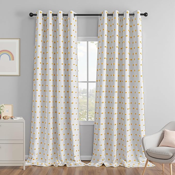 MEETSKY 100% Blackout Curtains for Sliding Glass Door 95 Inch Length Total Light Blocking Curtains for Living Room,Grommet Room Darkening Window Drapes with Yellow Pom Pom Sheer 52W x 95L, 2 Piece