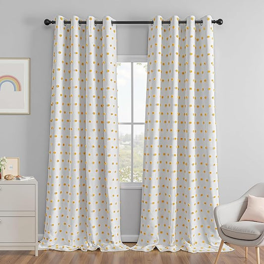 MEETSKY 100% Blackout Curtains for Sliding Glass Door 95 Inch Length Total Light Blocking Curtains for Living Room,Grommet Room Darkening Window Drapes with Yellow Pom Pom Sheer 52W x 95L, 2 Piece