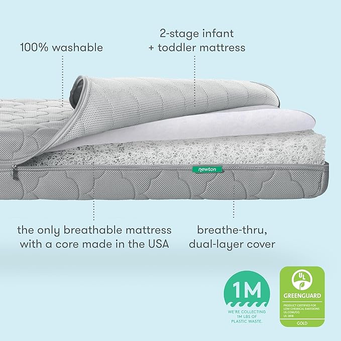 Newton Baby Crib Mattress and Toddler Bed - Ultra-Breathable Proven to Reduce Suffocation Risk, Washable Core & Cover, 2-Stage, Deluxe 5.5" Thick - Grey