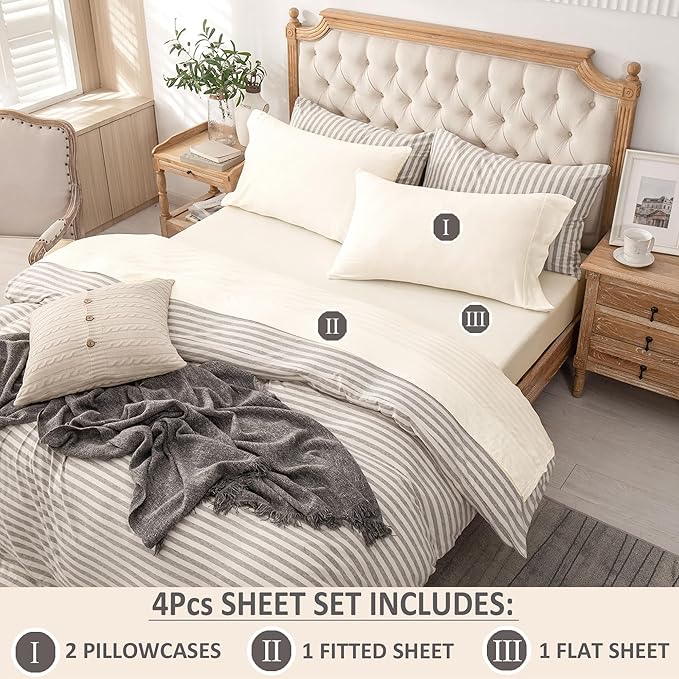 PURE ERA Jersey Knit 4pc Bed Sheet Set 100% T-Shirt Cotton Super Soft Comfy Breathable Fits Mattress Up to 20" Extra Deep Pocket (Solid Ivory, Full)