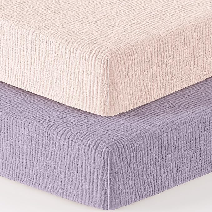 Bearmoss Muslin Crib Sheets - 100% Cotton Baby Crib Sheets Fitted for Standard Crib Mattress & Toddler Bed Mattress 52"x28" Soft Breathable Crib Sheet Neutral for Boys Girls - 2 Pack (Pink Purple)