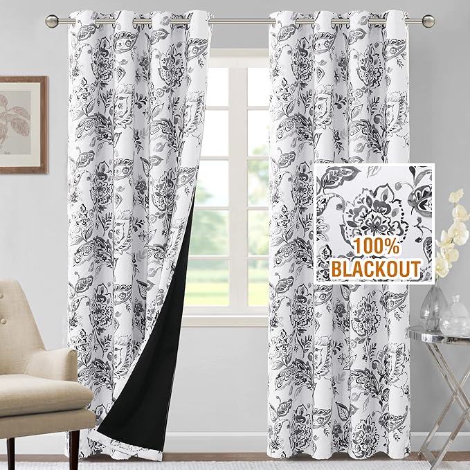 H.VERSAILTEX 100% Blackout Curtains for Bedroom Paisley Floral Printed Curtains 96 Inches Long Grommet Curtains & Drapes Thermal Curtains Window Treatments with Black Liner 2 Panels, Grey