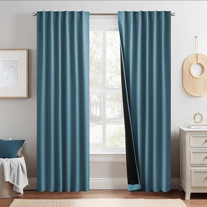NICETOWN Smoky Blue 100% Blackout Curtains 2 Panels, 52W x 84L Inches, Double Layer Rod Pocket Back Tab Thermal Insulated Energy Efficient Drapes for Bedroom, Total Light Blocking Window Treament