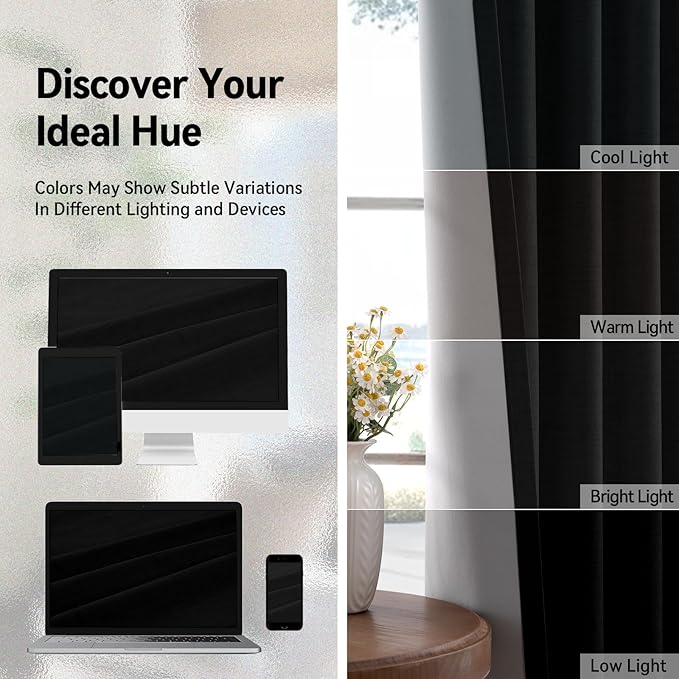 100% Blackout Shield Linen Blackout Curtains for Bedroom, Black Grommet Curtains for Living Room, Thermal Insulated Room Darkening Drapes for Nursery, Boho Home Decor, 50" W x 63" L, 2 Panels